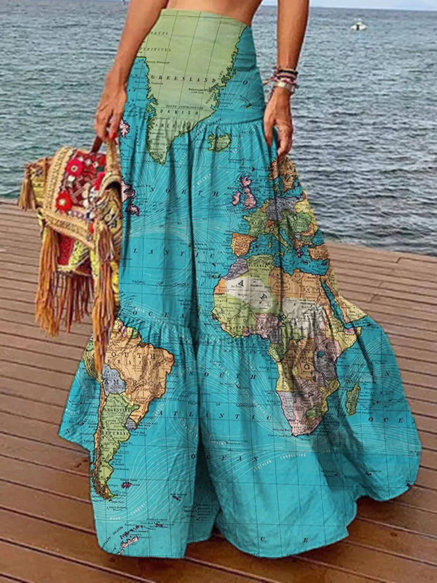 World Map Print High-Waist Skirt