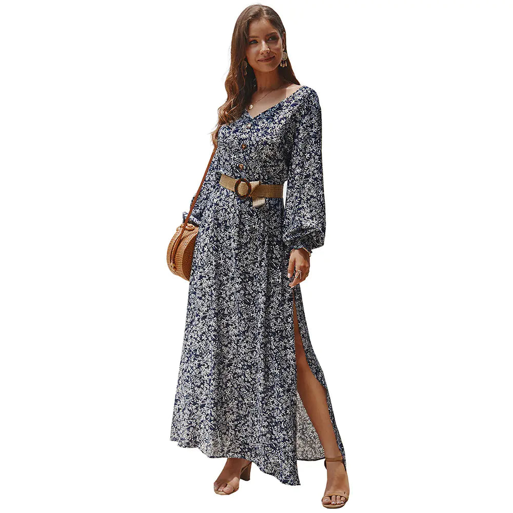Vintage Floral Maxi Dress with Lantern Sleeves