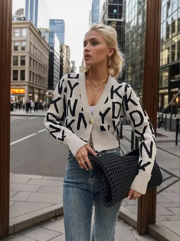 Letter Pattern Knit Cardigan - Casual Long Sleeve Crop