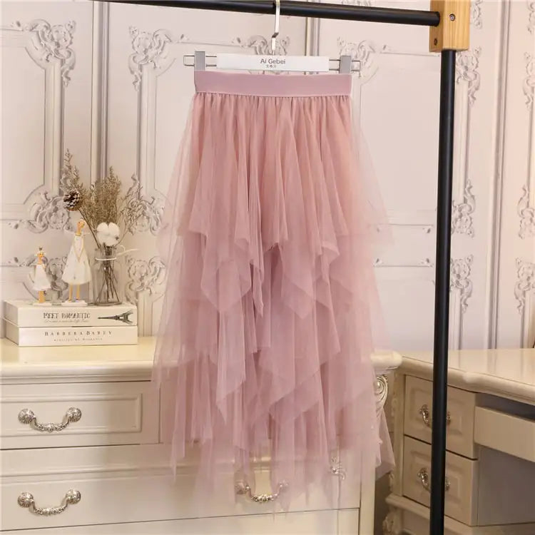 High-Waisted Irregular Mesh Hem Fluffy Gauze Skirt