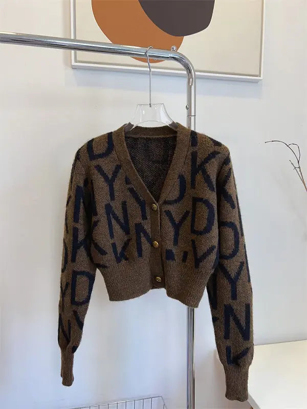 Letter Pattern Knit Cardigan - Casual Long Sleeve Crop