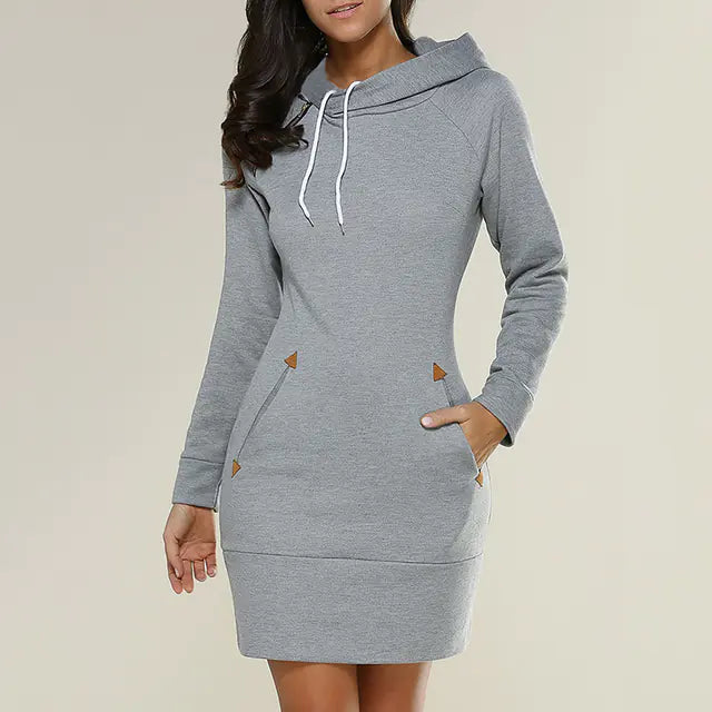 Ladies Hooded Sweatshirt Dress with Pockets (Knee-Length)
