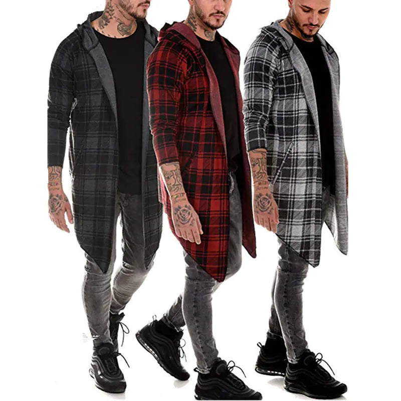 Gothic Long Coat for Men - Hooded Plaid Fashion Jacket