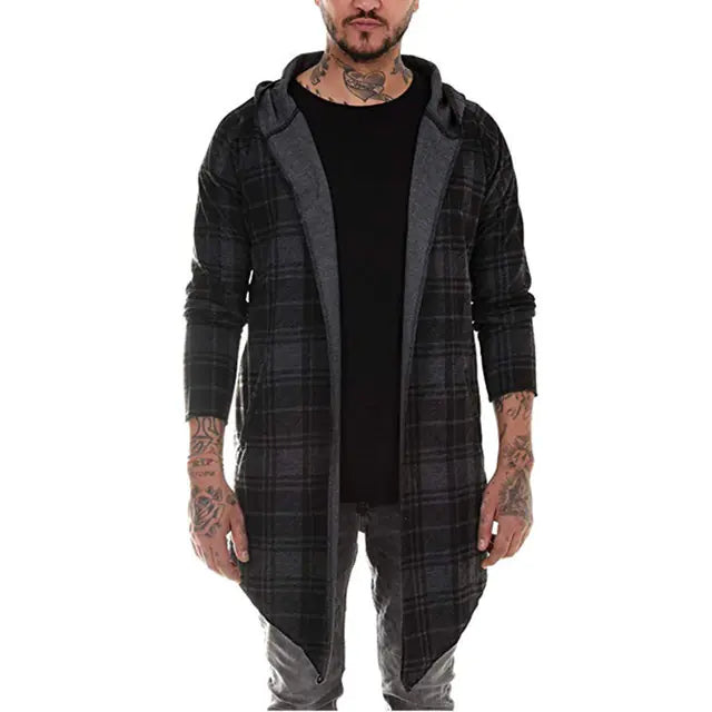 Gothic Long Coat for Men - Hooded Plaid Fashion Jacket
