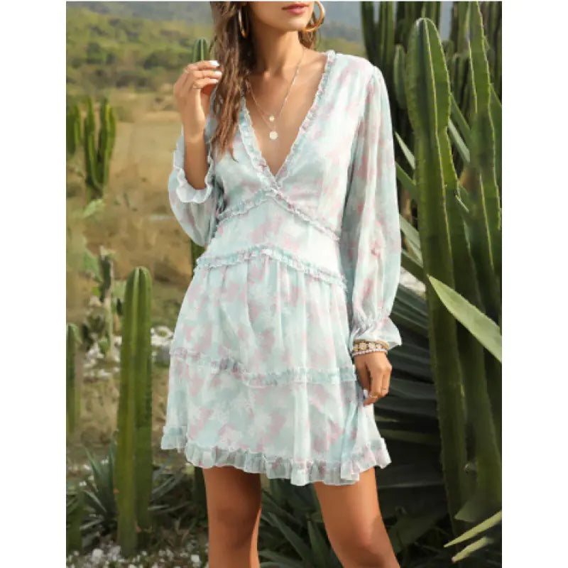 Sexy Backless Floral Dress with Ruffle Details
