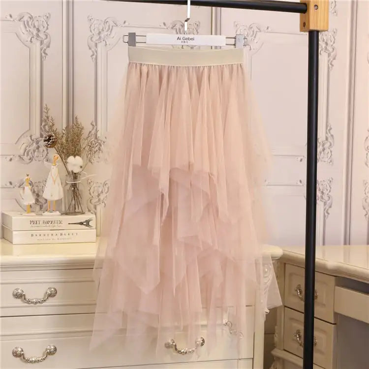 High-Waisted Irregular Mesh Hem Fluffy Gauze Skirt