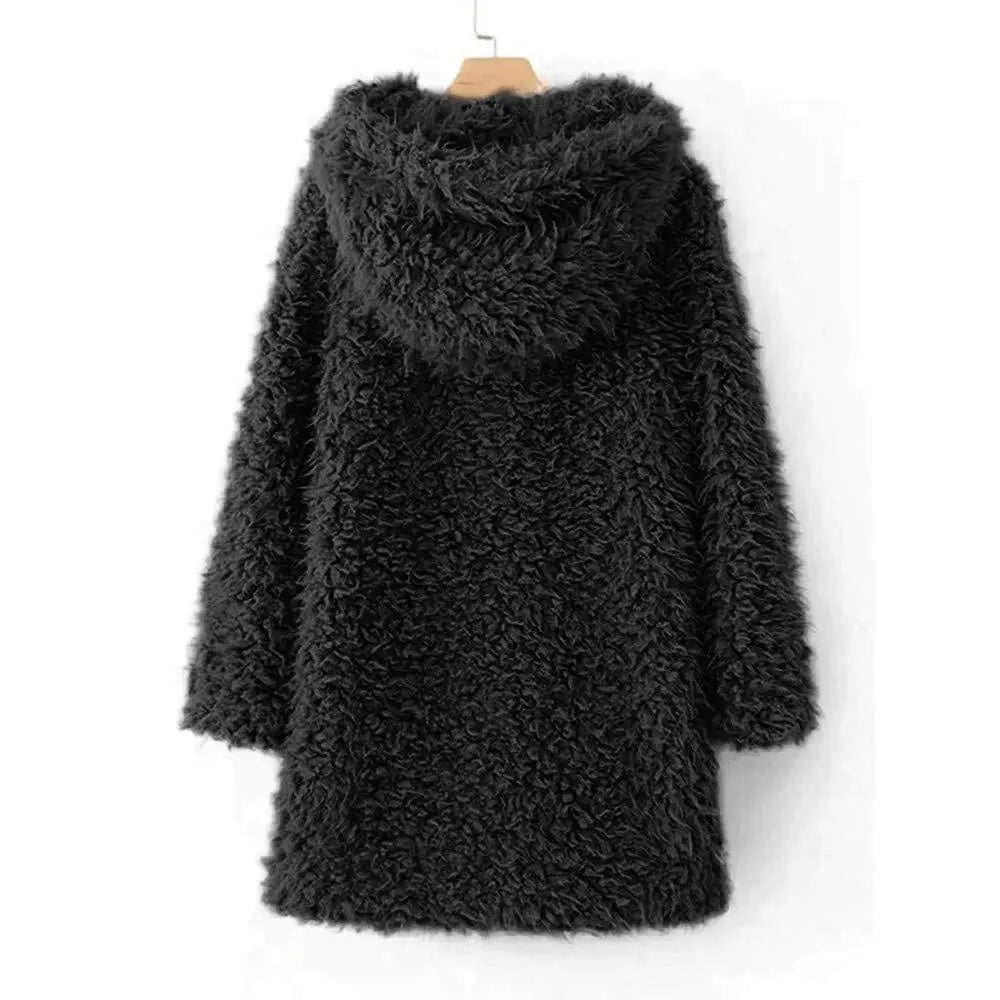Women's Hooded Lambswool Long Sleeve Coat with Pockets