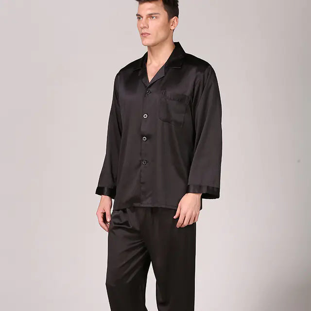 Men's Satin Pajamas Lapel Collar Sleepwear Set with Trousers