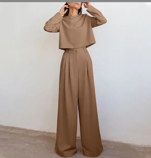 Elegant Two-Piece Palazzo Set in Brown Cotton