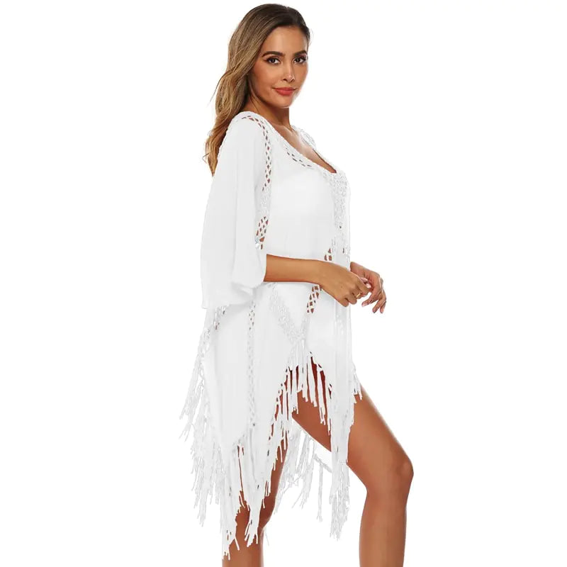Irregular Crochet Tassel Deep V Beach Dress Cover-Up