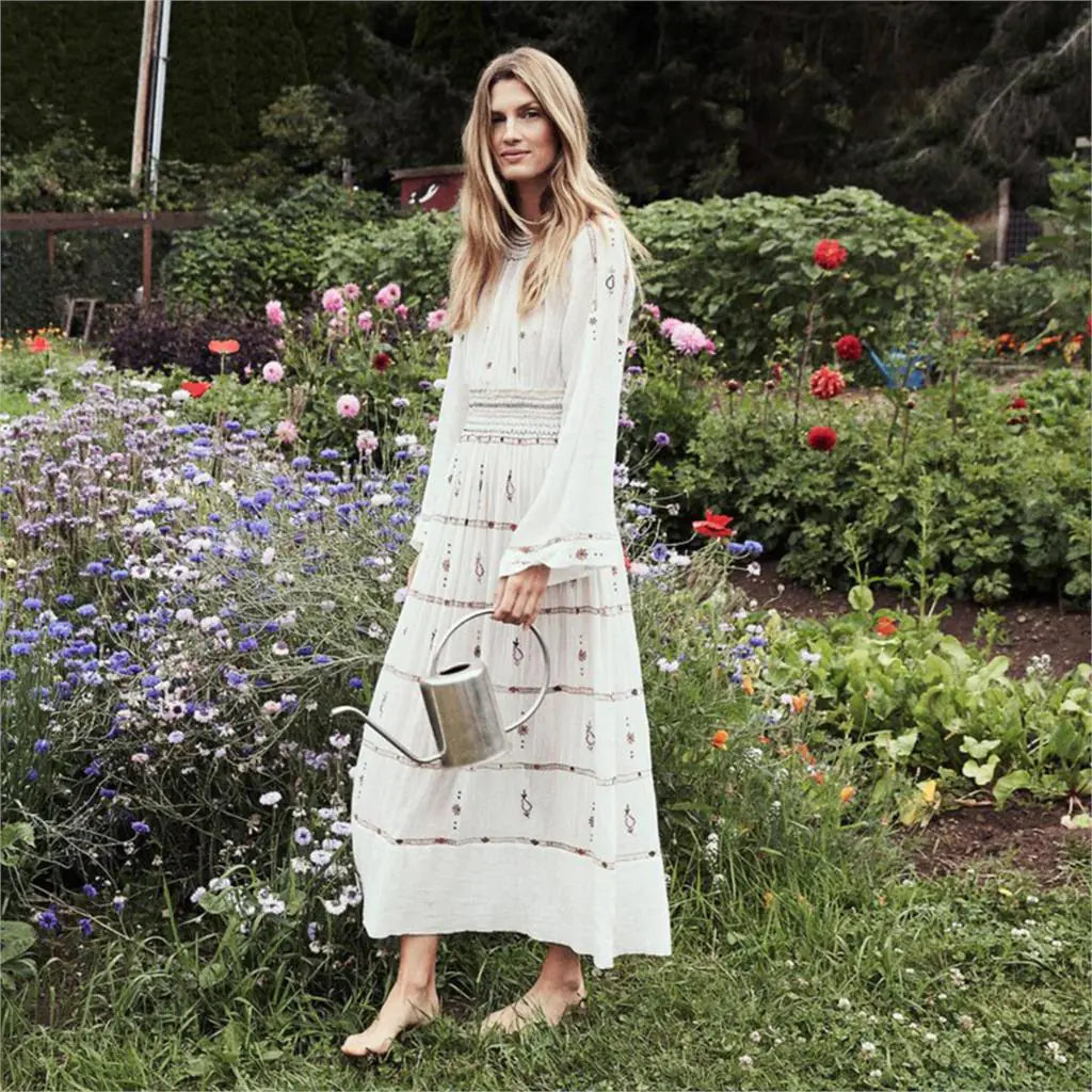 Vintage Embroidered Long Sleeve Dress with Flare Skirt