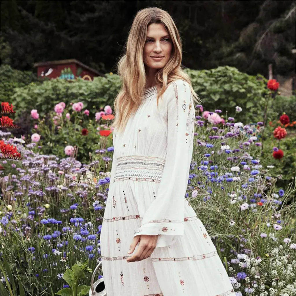 Vintage Embroidered Long Sleeve Dress with Flare Skirt
