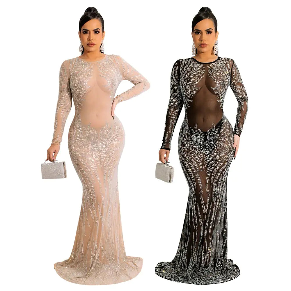 Rhinestone Fishtail Dress with See-through Red Carpet Design