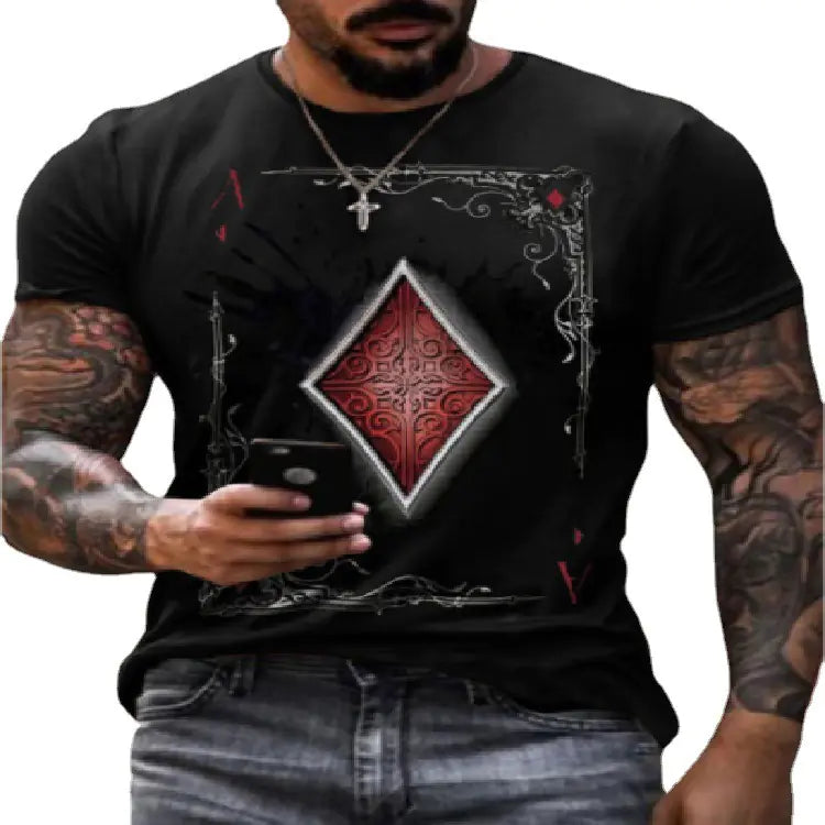 Men's Casual Round Neck Short Sleeve Playing Card T-Shirt