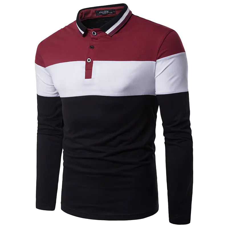 Men's Slim Fit Long Sleeve Color Block Polo Shirt