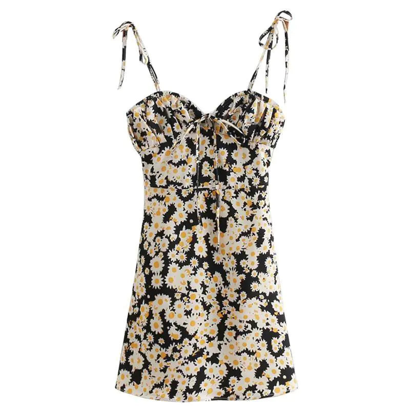 Retro Daisy Print Backless Dress for Beach