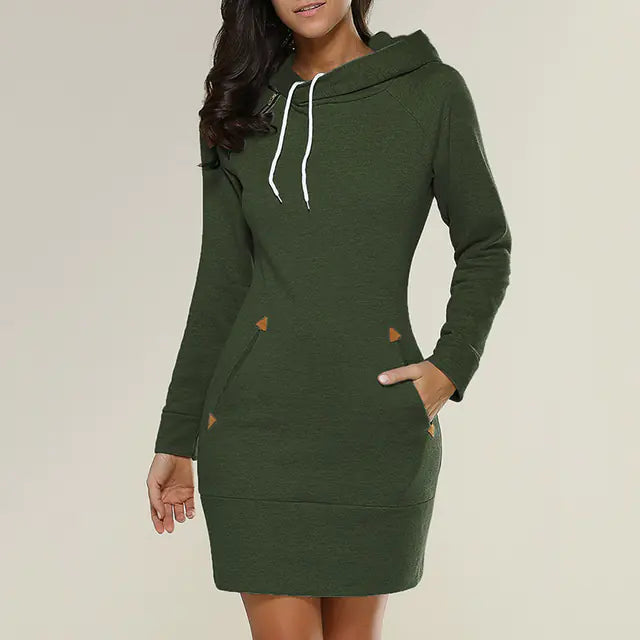Ladies Hooded Sweatshirt Dress with Pockets (Knee-Length)