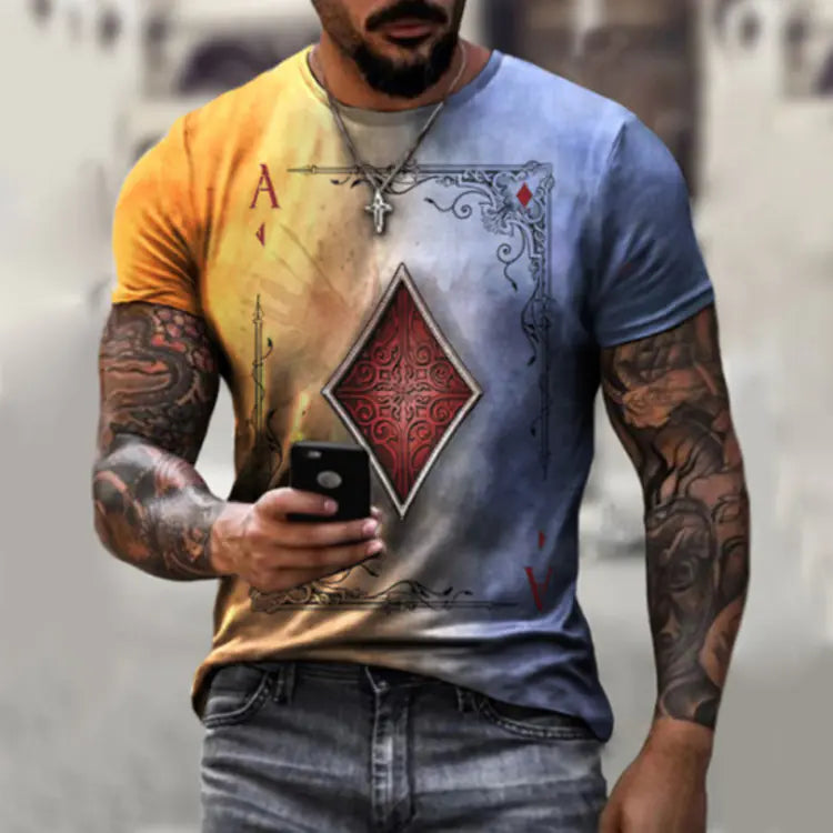 Men's Casual Round Neck Short Sleeve Playing Card T-Shirt