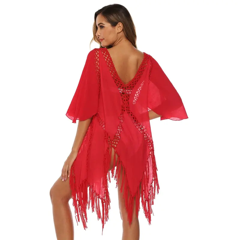Irregular Crochet Tassel Deep V Beach Dress Cover-Up