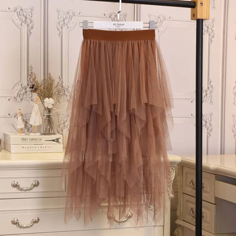 High-Waisted Irregular Mesh Hem Fluffy Gauze Skirt