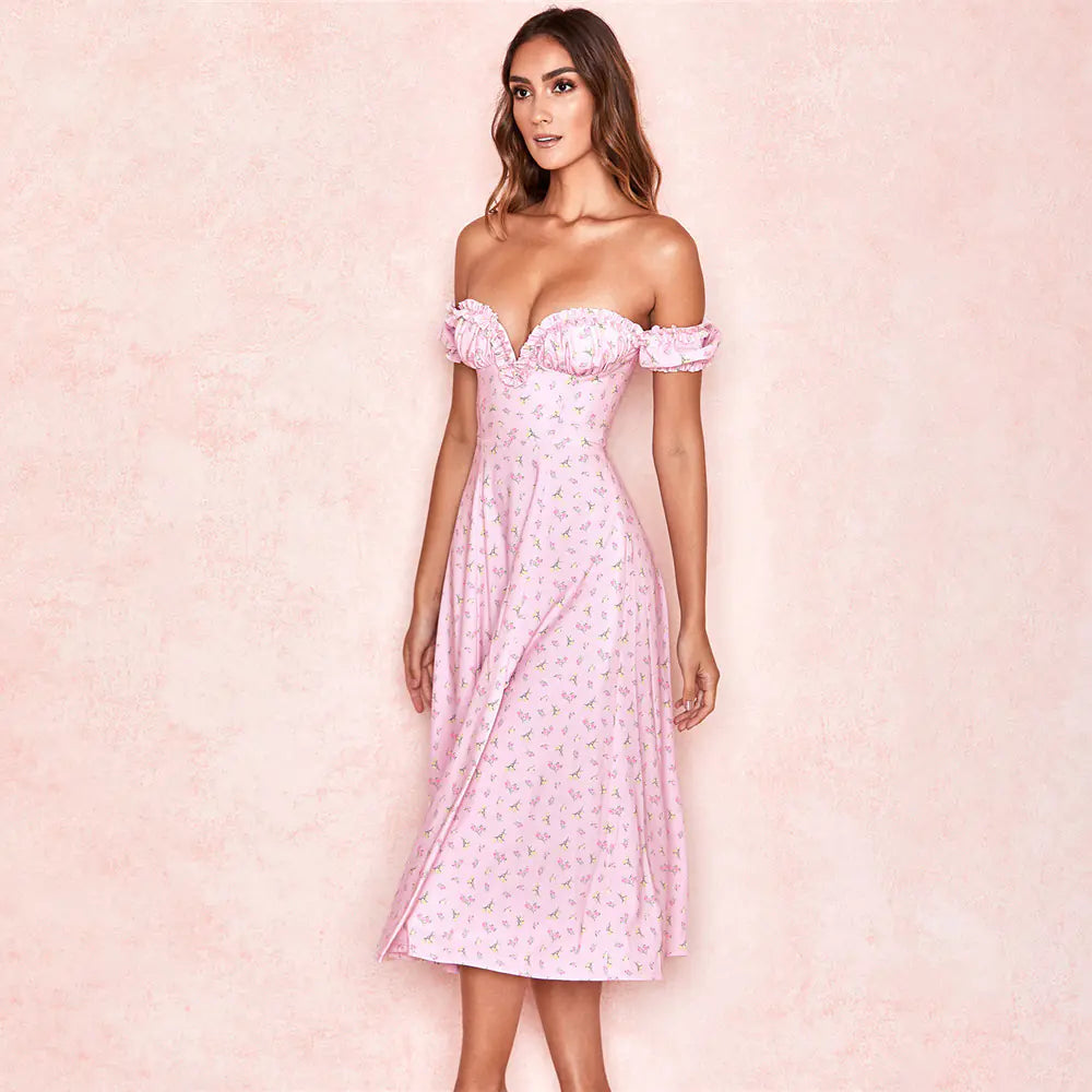 Floral V-Neck Ruffle Hem High Waist Dress with Slit