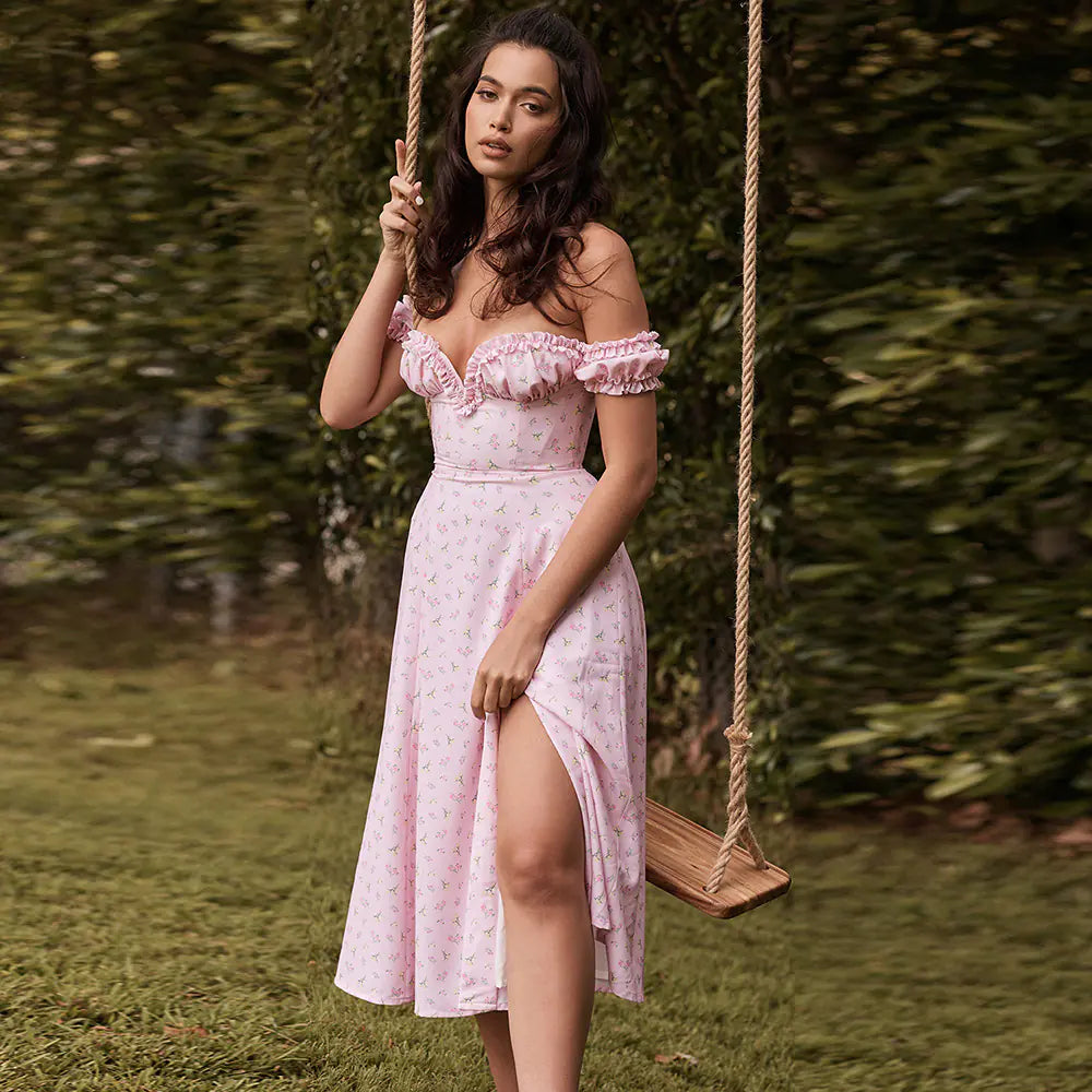 Floral V-Neck Ruffle Hem High Waist Dress with Slit