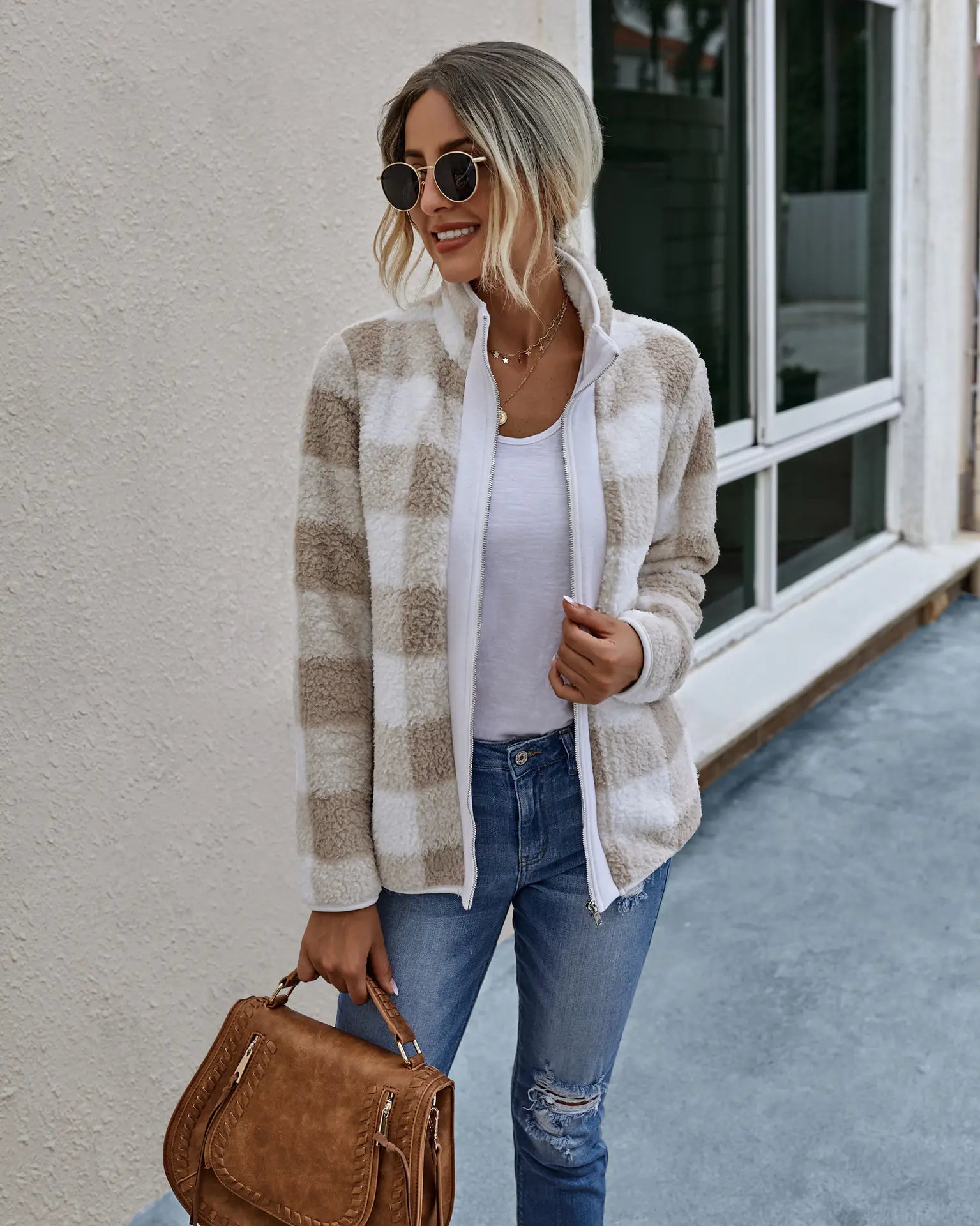 Chic Plaid Plush Zip Coat
