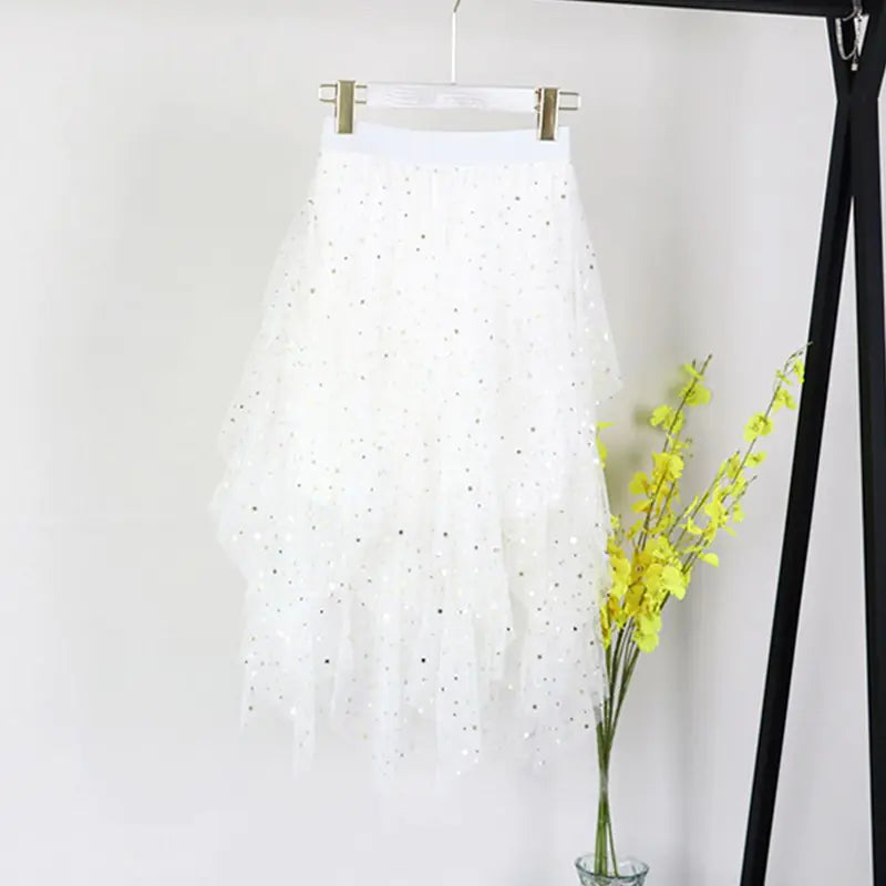 High-Waisted Irregular Mesh Hem Fluffy Gauze Skirt