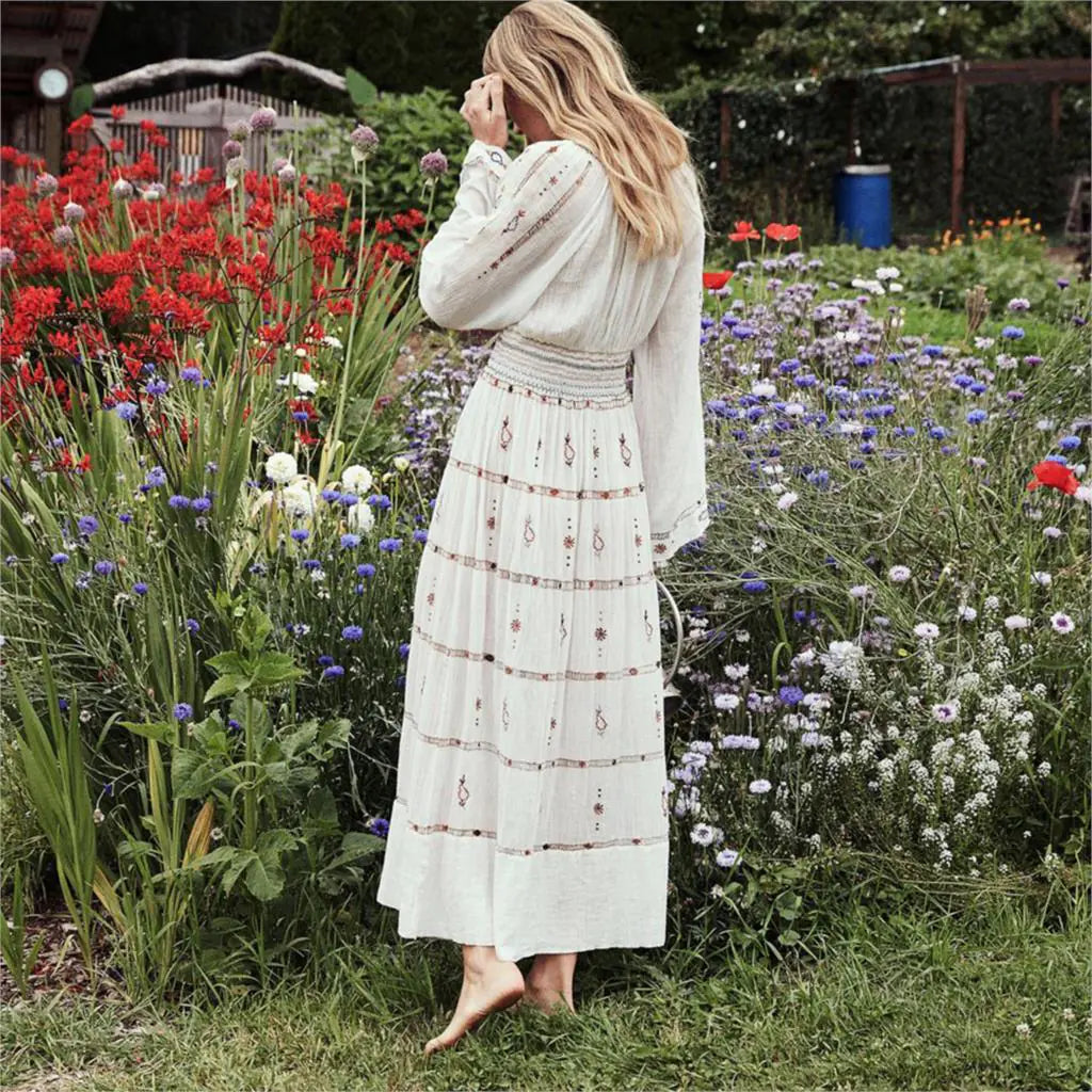 Vintage Embroidered Long Sleeve Dress with Flare Skirt