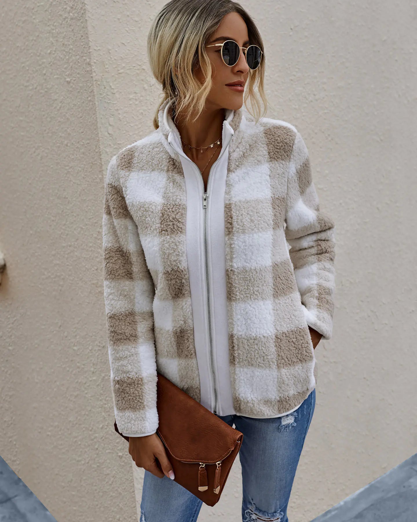 Chic Plaid Plush Zip Coat