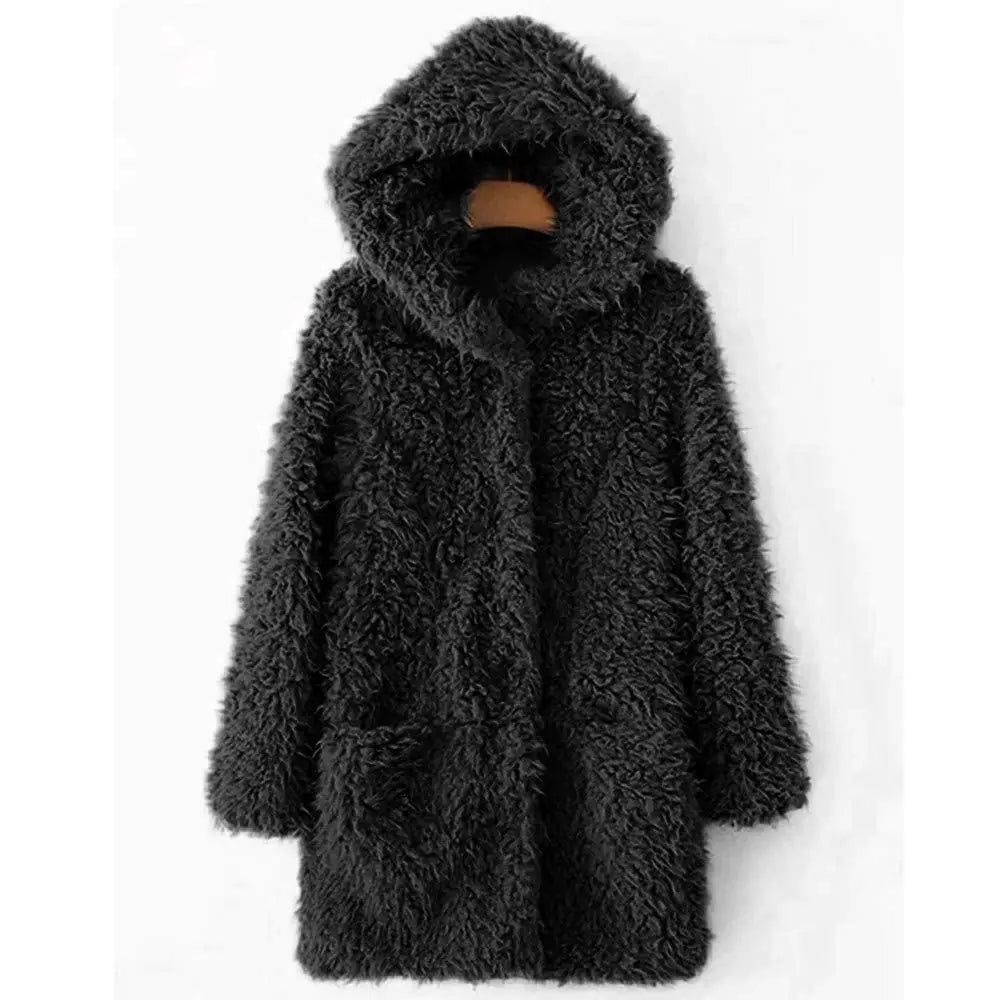Women's Hooded Lambswool Long Sleeve Coat with Pockets