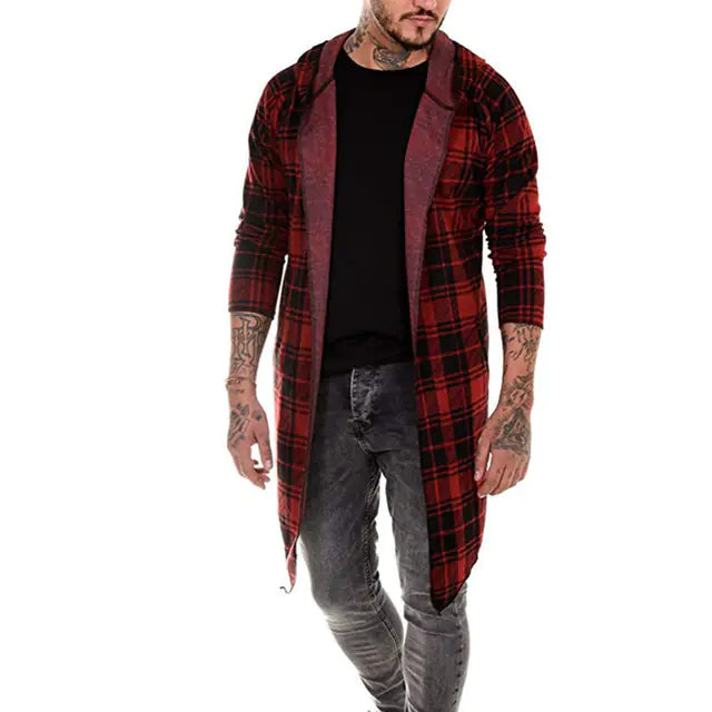 Gothic Long Coat for Men - Hooded Plaid Fashion Jacket