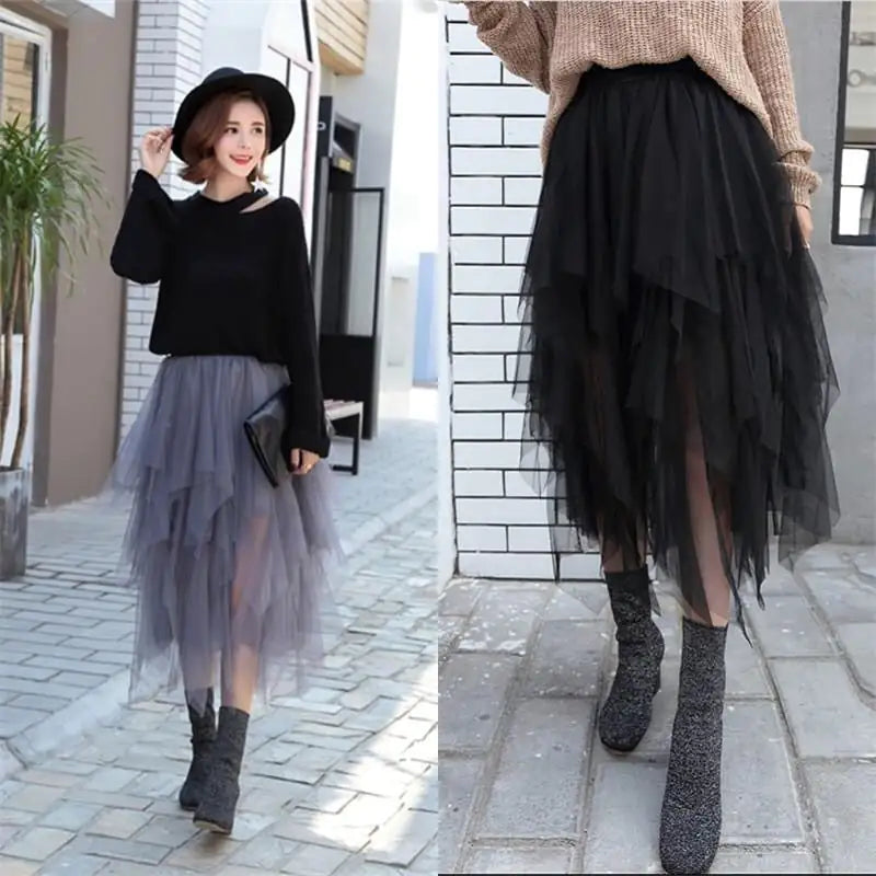 High-Waisted Irregular Mesh Hem Fluffy Gauze Skirt