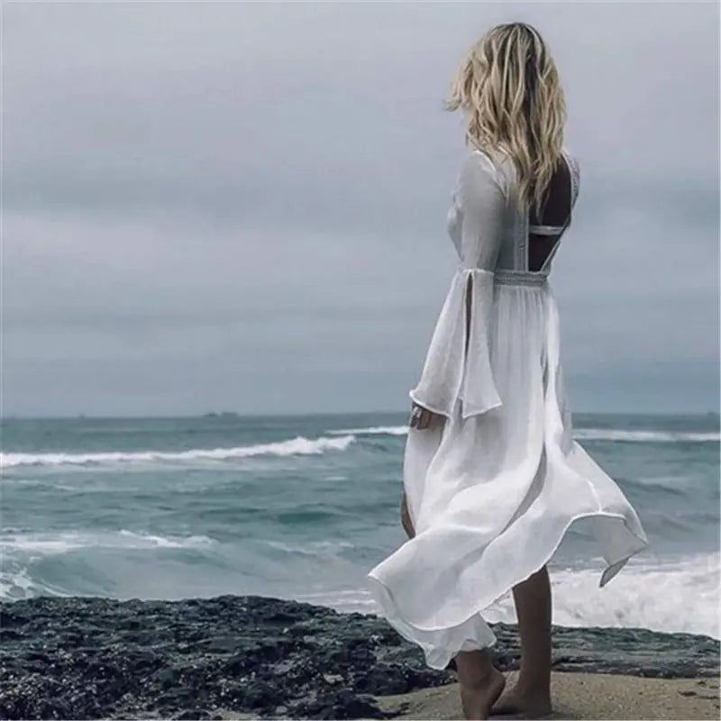Bamboo Fabric Cover-Up with Flare Sleeves and Open Back
