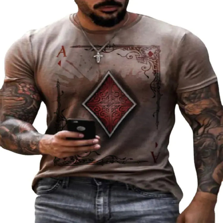 Men's Casual Round Neck Short Sleeve Playing Card T-Shirt