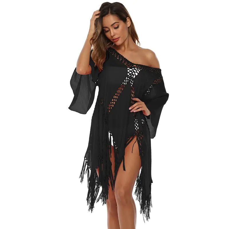 Irregular Crochet Tassel Deep V Beach Dress Cover-Up