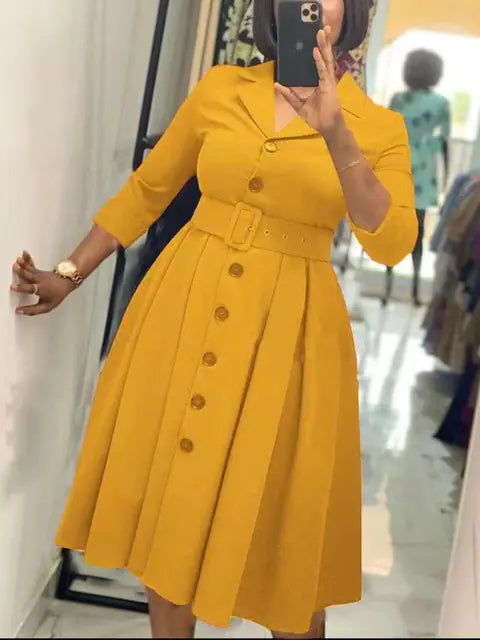 Elegant Women's Long Sleeve A-Line Midi Office Dress