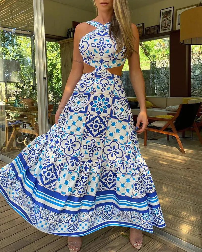 Bohemian Print Backless Maxi Dress with Waist Tie