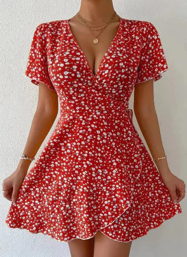 V-Neck Printed Dress Short Sleeve Style