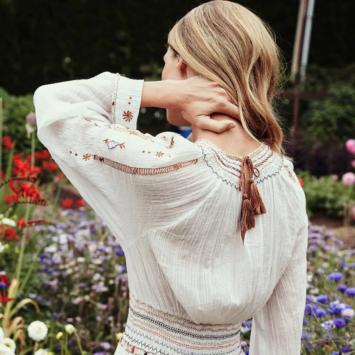 Vintage Embroidered Long Sleeve Dress with Flare Skirt