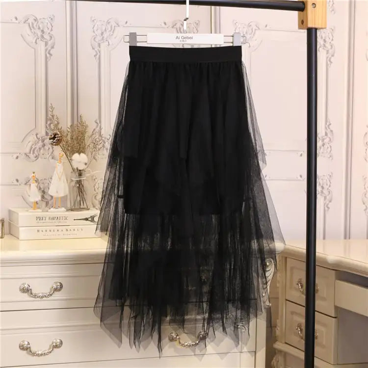 High-Waisted Irregular Mesh Hem Fluffy Gauze Skirt
