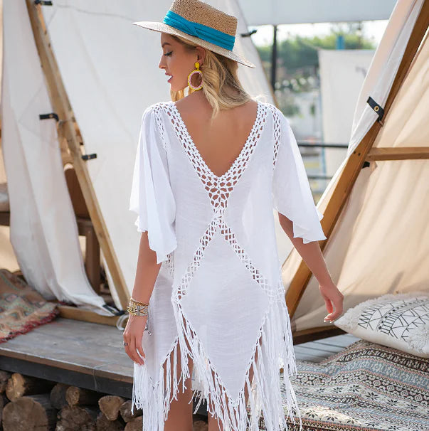Irregular Crochet Tassel Deep V Beach Dress Cover-Up