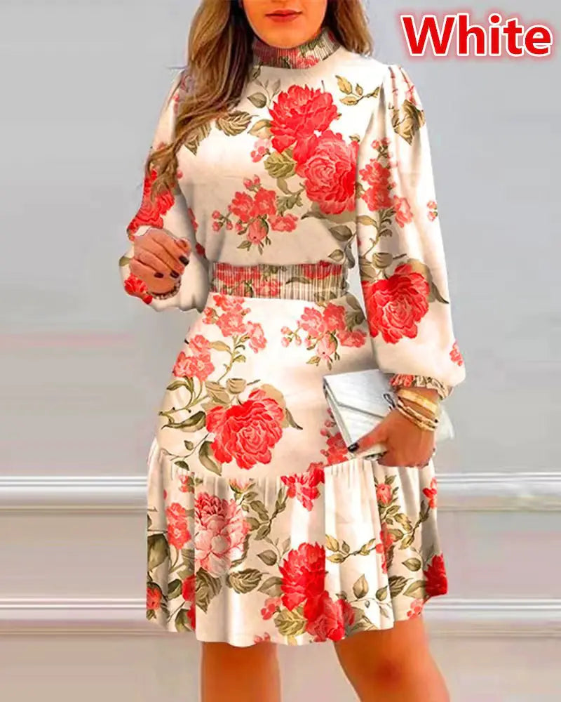 Women's Floral Print Dress with Pile Collar Design