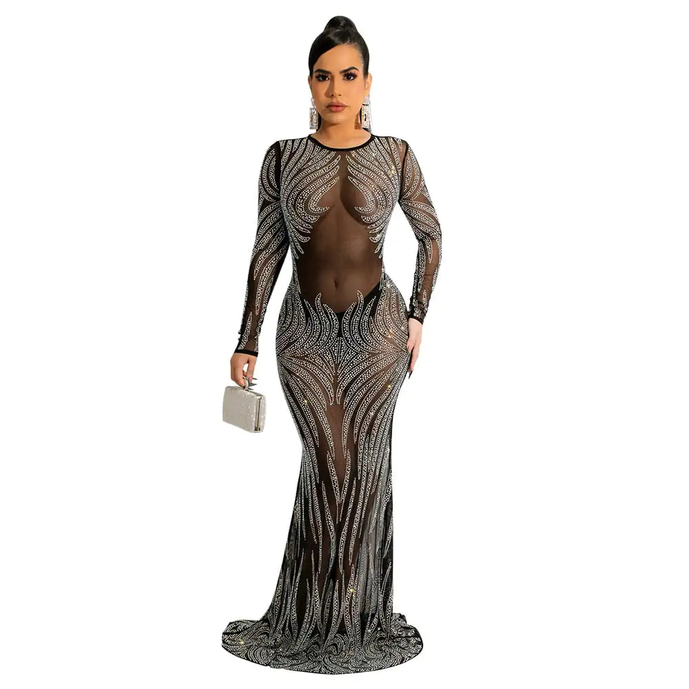 Rhinestone Fishtail Dress with See-through Red Carpet Design