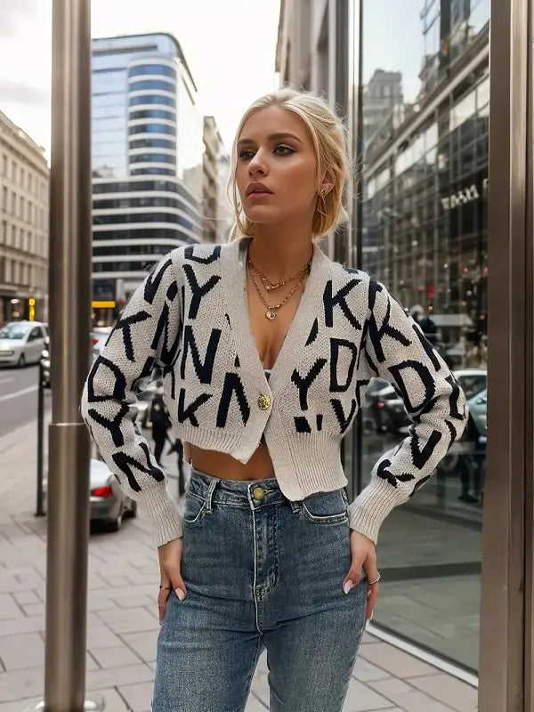 Letter Pattern Knit Cardigan - Casual Long Sleeve Crop