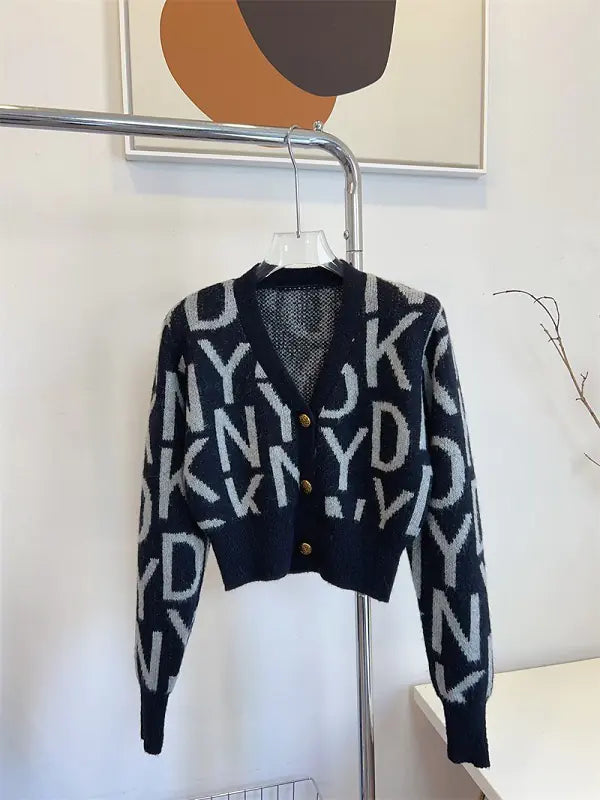 Letter Pattern Knit Cardigan - Casual Long Sleeve Crop