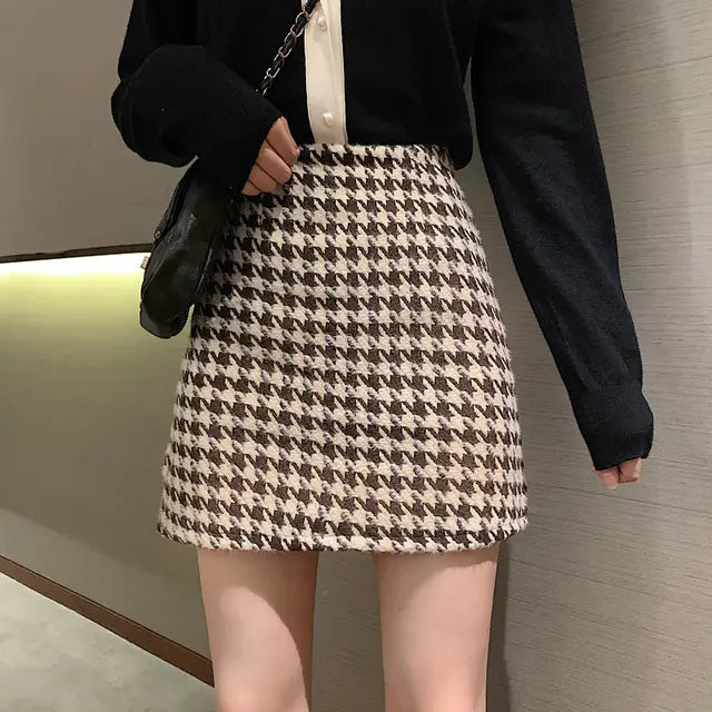 Woolen Plaid High Waist Mini Skirt for Women
