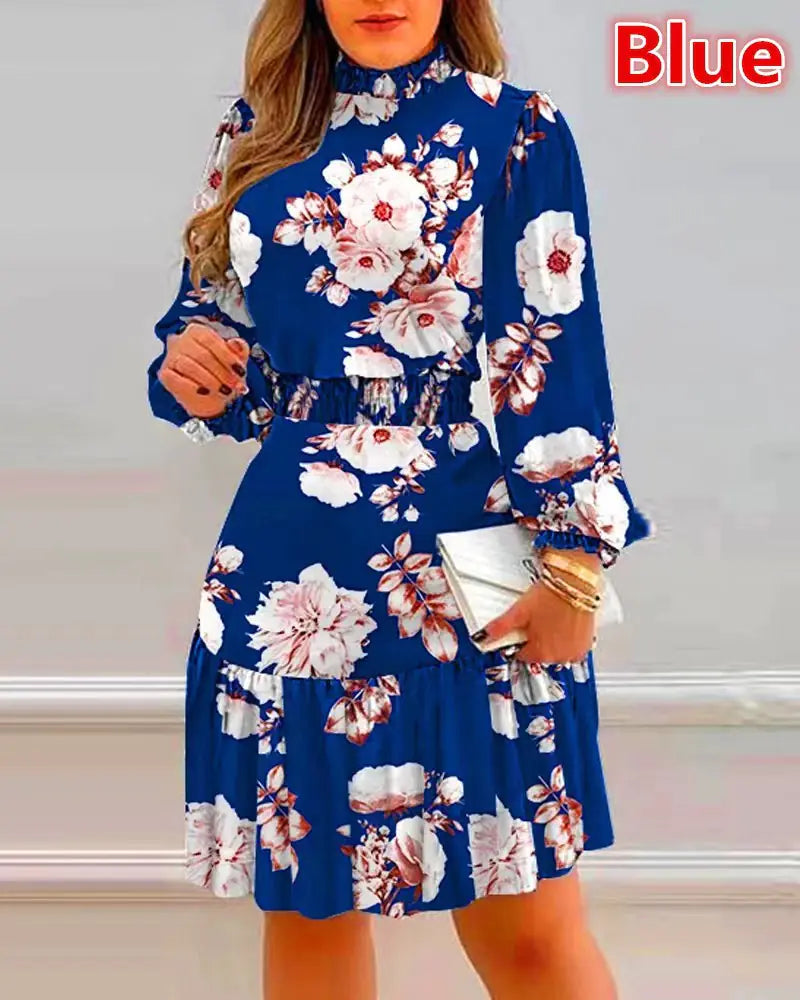 Women's Floral Print Dress with Pile Collar Design