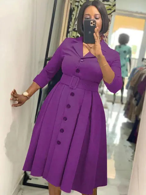 Elegant Women's Long Sleeve A-Line Midi Office Dress