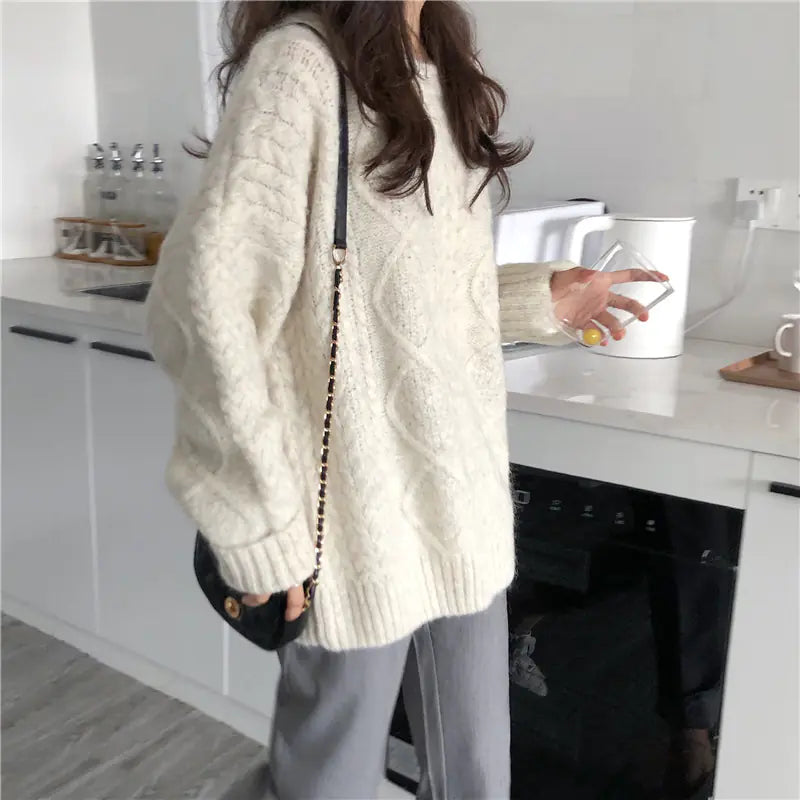 Chunky Twisted Knit Sweater for Women, Loose Fit